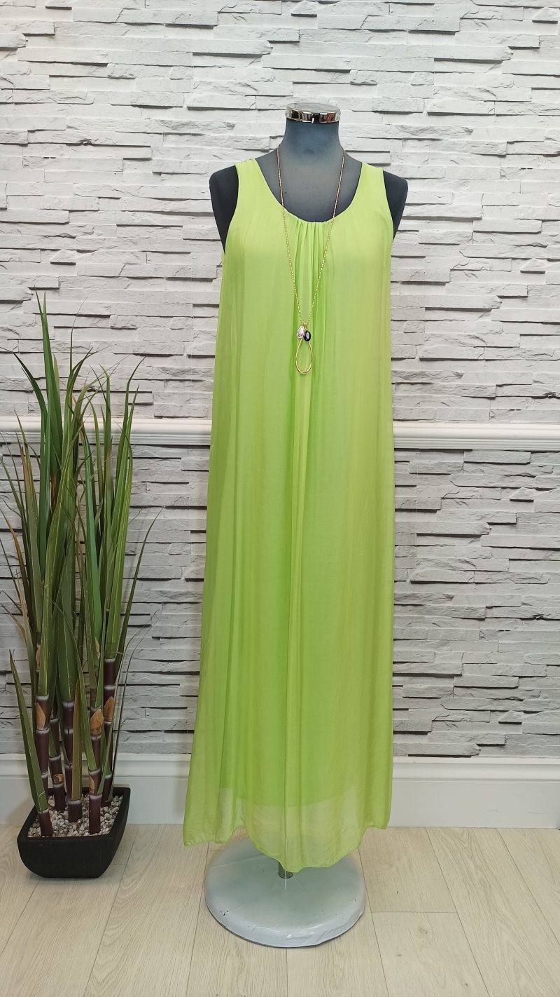Italian Lime Plain Silk Midi Sleeveless Dress