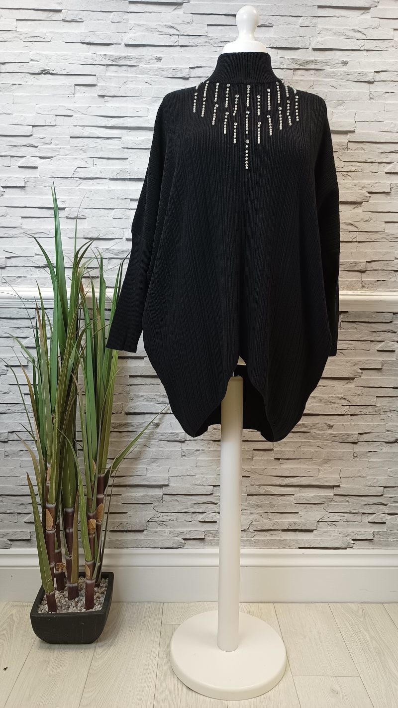 Italian Funnel Neck Diamond & Pearl Detailed Black Tunic/Sweater